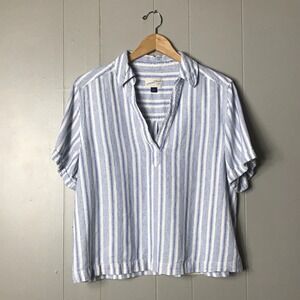 UNIVERSAL THREAD BLUE STRIPE LINEN V NECK BLOUSE SHORT SLEEVE WOMENS SIZE MEDIUM